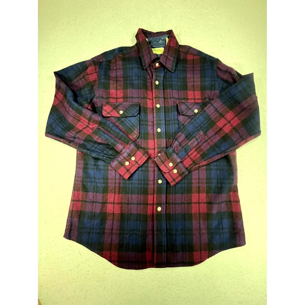 Vintage St. John's Bay Jacket Mens Large Burgundy Black Plaid Wool Button Front
